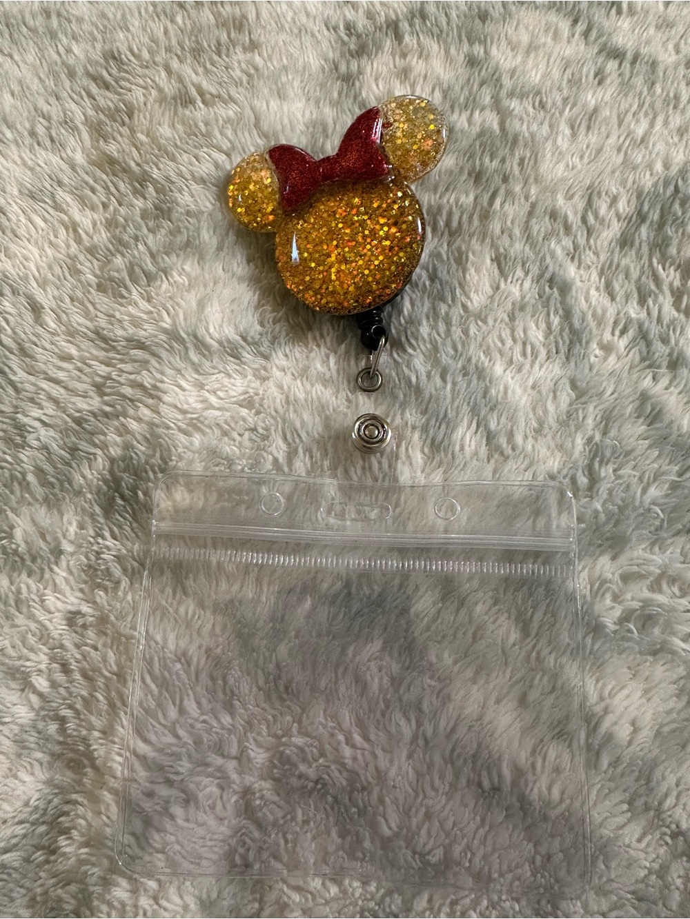 Yellow Glitter Minnie-Style Badge Reel with Red Bow